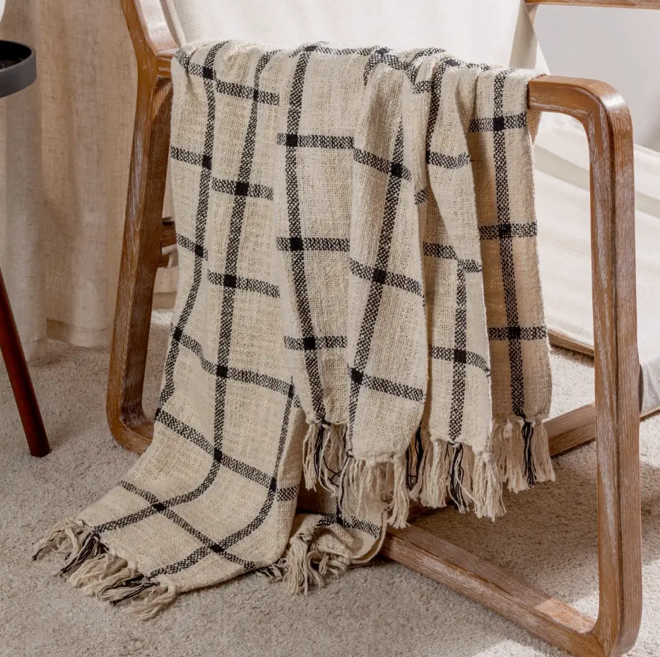 BENI - Plaid crème à carreaux noirs 100% coton