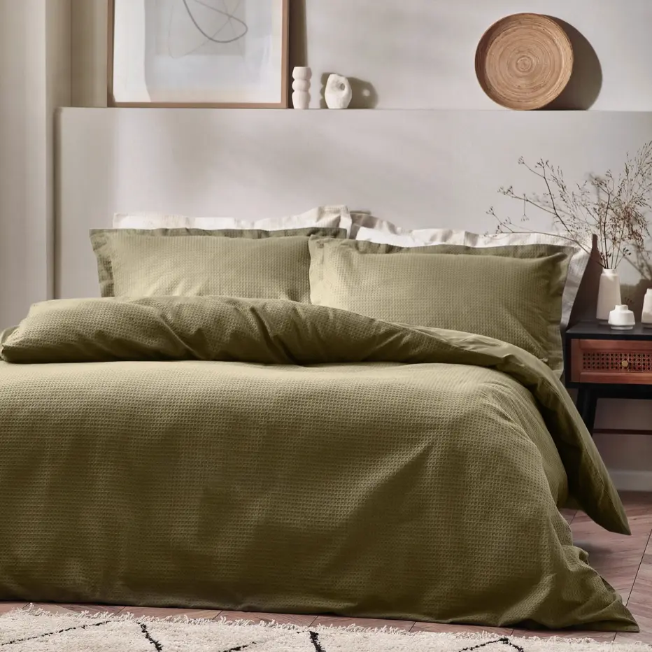 OLIVE - Housse de couette en coton gaufré + taies d'oreiller