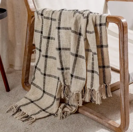 BENI - Plaid crème à carreaux noirs 100% coton